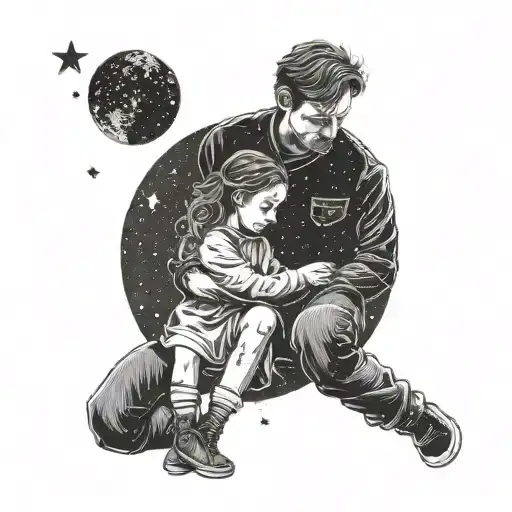 A Blackwork Design Of A Father And Daughter Stargazing Together On A Moonlit Night