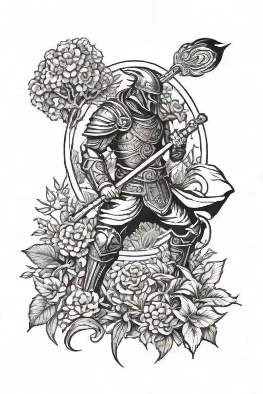 Warrior In A Garden Scene With Various
