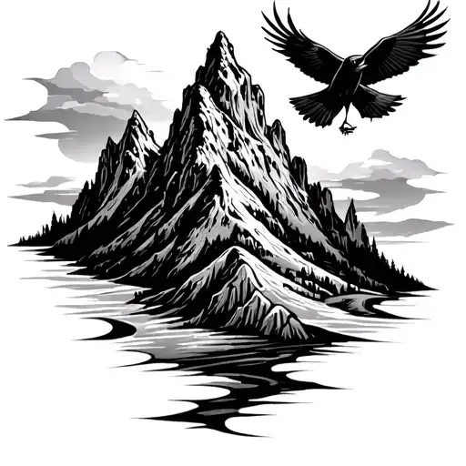 A Landscape Inspired Tattoo Featuring A Haunted Mountain With Ravens Circling Overhead