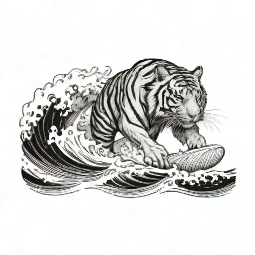 A Tiger Surfing On A Wave