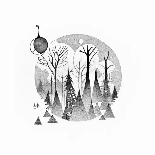 Gloomy Dark Mystical Forest With Shiny Moon And Blue Watercolor Backround