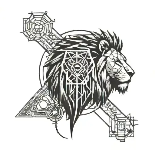A Geometric Lion Head Design Incorporating Elements Of Engineering Tools And Symbols