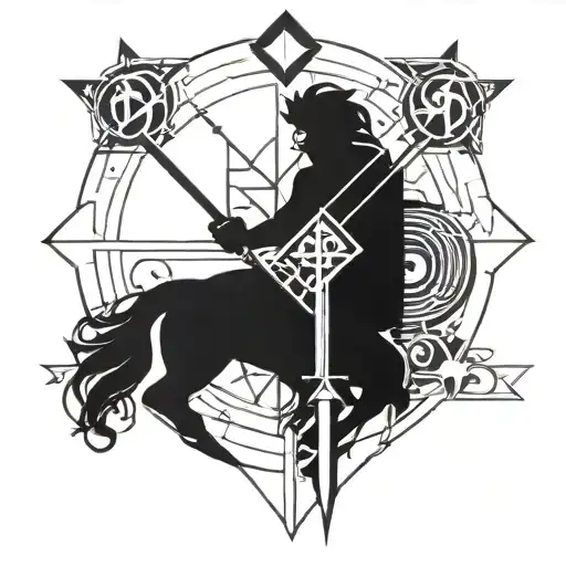 A Geometric Tattoo Design Combining Elements Of The Sagittarius Zodiac Sign And Hip-hop Imagery