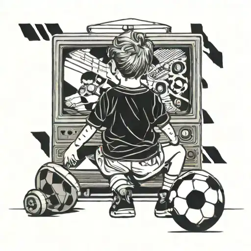 Little Boy Watching Soccer On Tv With Jersey