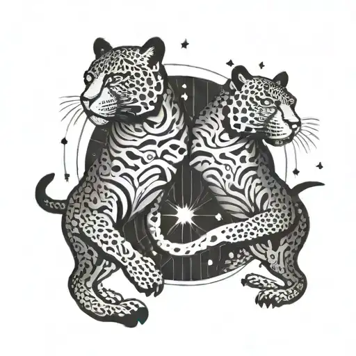 Two Mirrored Jaguars Prowling With The Filipino Sun And Stars In The Background