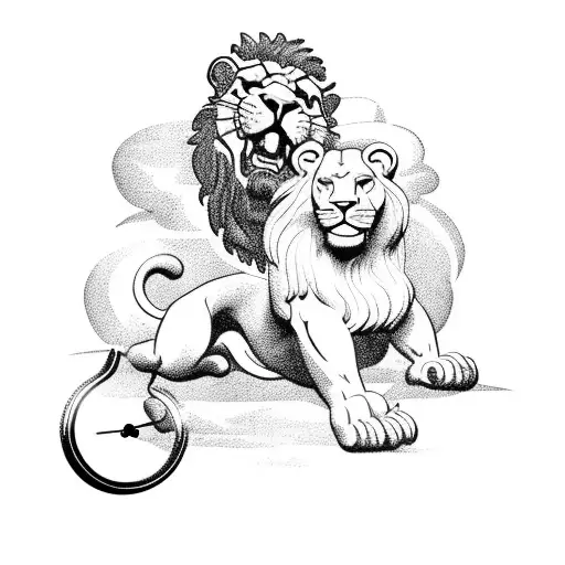 Hercules Fighting Lion With Clock In Background