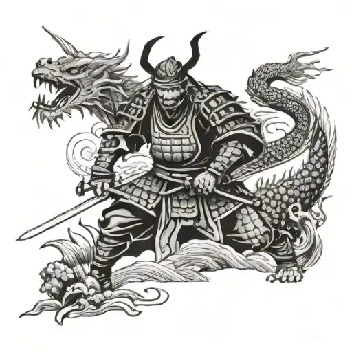 A Samurai Warrior Facing Off Against A Dragon In A Traditional Japanese Landscape