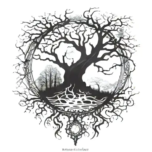 Root Of Tree Growin In A Forest If The Moon Surrounded