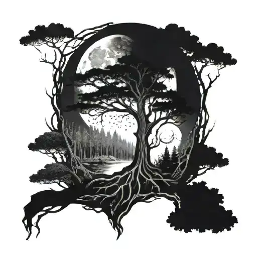 Root Of Tree Growin In A Forest If The Moon Phases