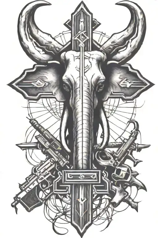 Elephant Horns Surrounding A Crucifix And Guns Inside Africa