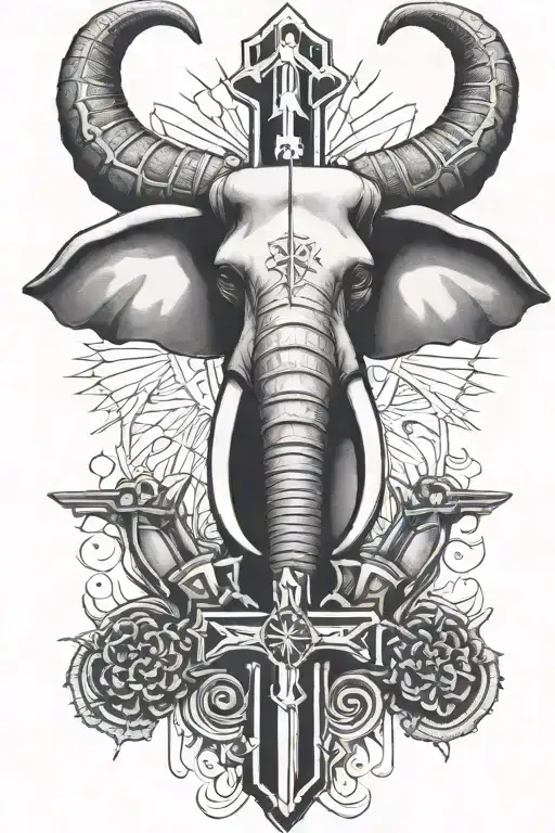 Elephant Horns Surrounding A Crucifix And Guns Inside Africa