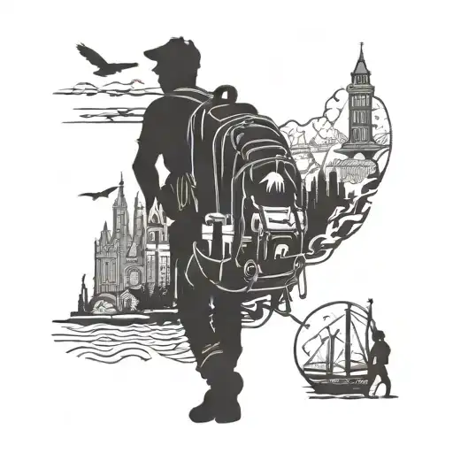 Backpacker Silhouette Surrounded Travel Landmarks