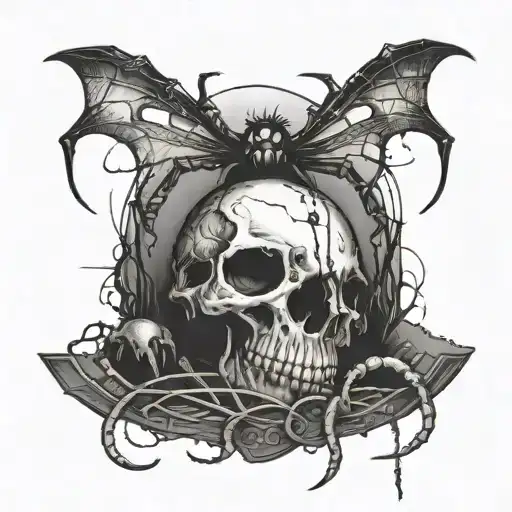 A Haunting Scene Of A Spider Crawling Out Of A Grave With Animal Eyes And Teeth Scattered Around