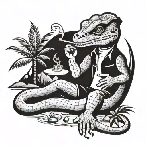 Cartoon Old School Lizard Smoking A Cigare On A Desert Island