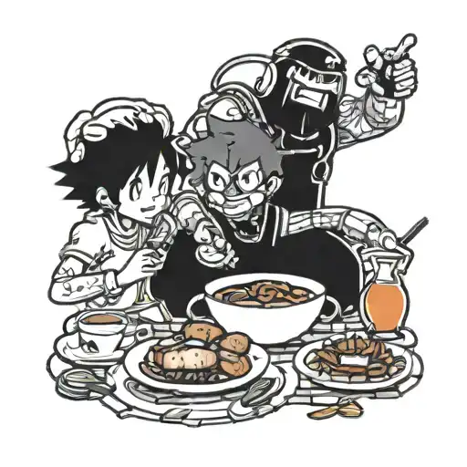 A Blackwork Tattoo Of A Video Game Character Enjoying A Feast With Friends