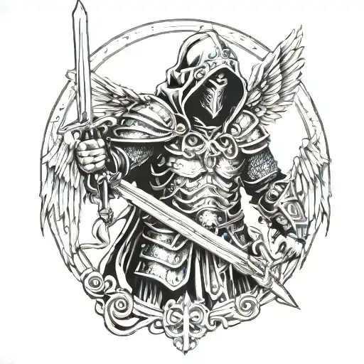 Hooded Angel With A Sword Wearing Biblical Armor With Wings Spread