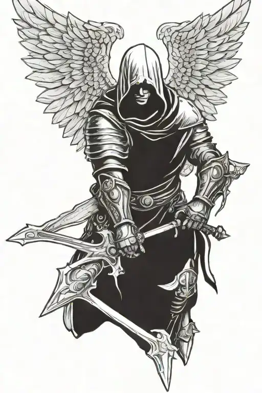 Hooded Angel With A Sword Wearing Biblical Armor With Wings Spread