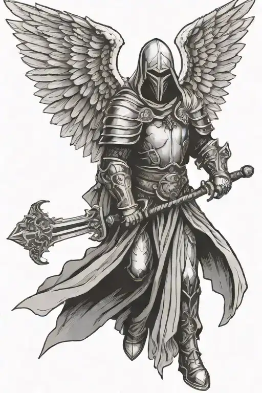 Hooded Angel With A Sword Wearing Biblical Armor With Wings Spread
