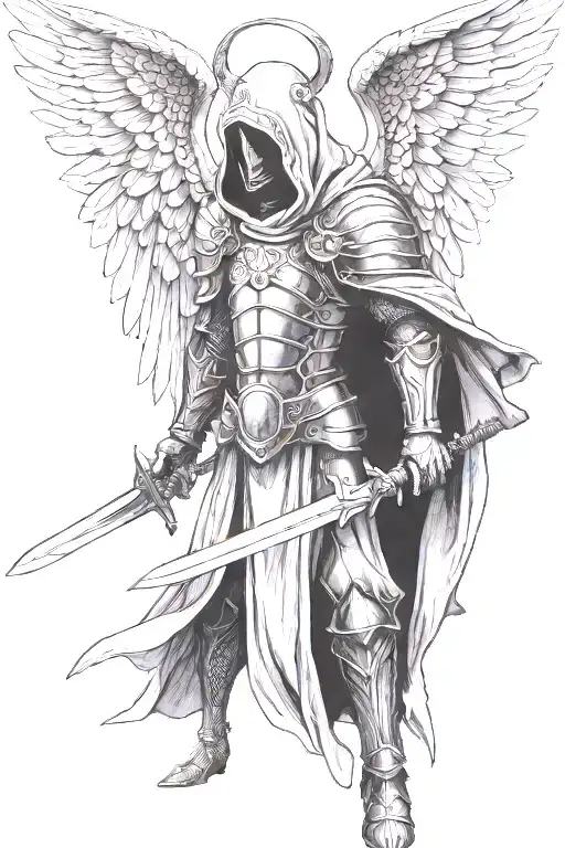 Hooded Angel With A Sword Wearing Biblical Armor With Wings Spread Facing Forward