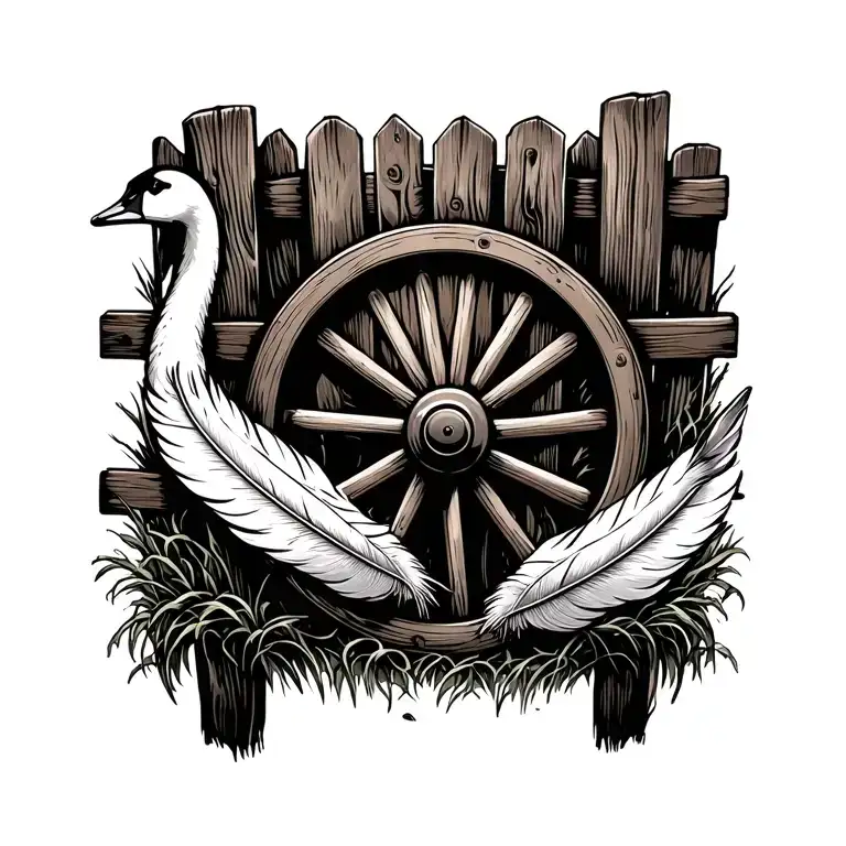 Wagon Wheel Leaning Against A Fence With Swan Feathers Around It