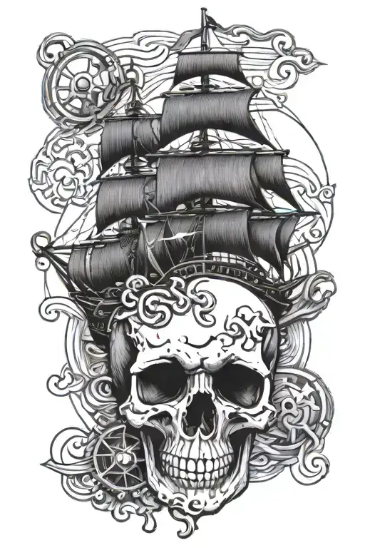 Skull With Compas Neptun Waves Ship