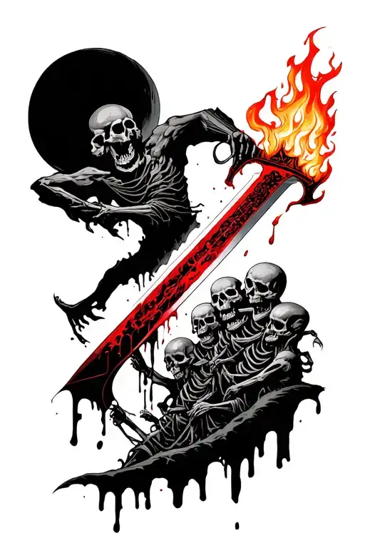 Flaming Sword Piercing A Hil Of Skeletons With Blood Running Off The Sword On To The Hill