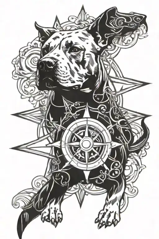 Pitbull And A Compass Rose With Intricate Details