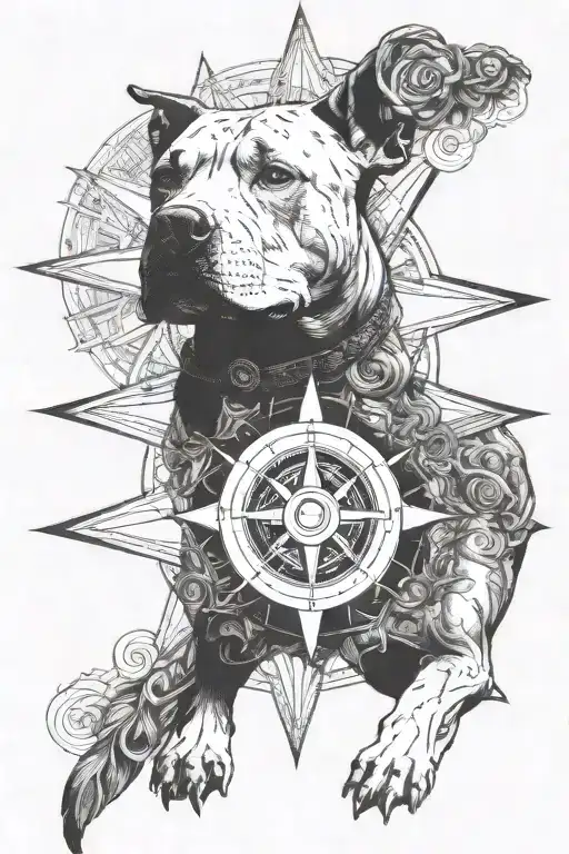 Pitbull And A Compass Rose With Intricate Details