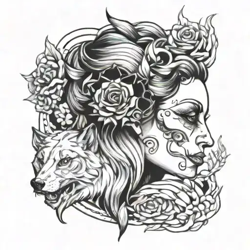 Face Of Goddess Hel With Half Skull Face And Wolf