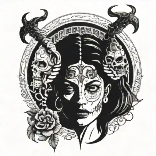 Front Of Face Of Goddess Hel With Half Skull Face