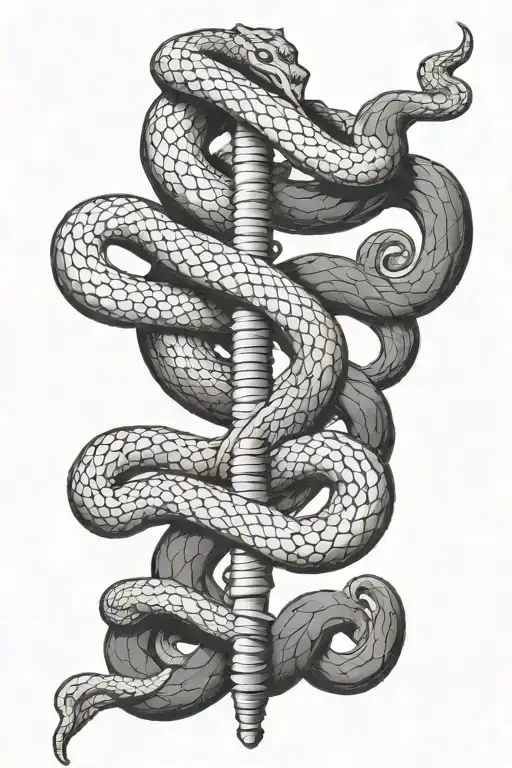 Black And White Rod Of Asclepius But Instiead Of Snakes There Are Fish