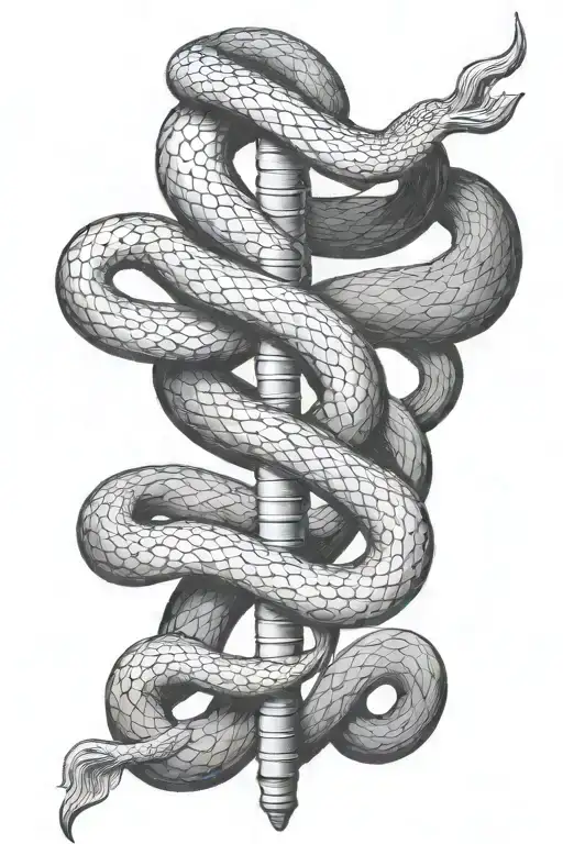 Black And White Rod Of Asclepius But Instiead Of Snakes There Are Fish
