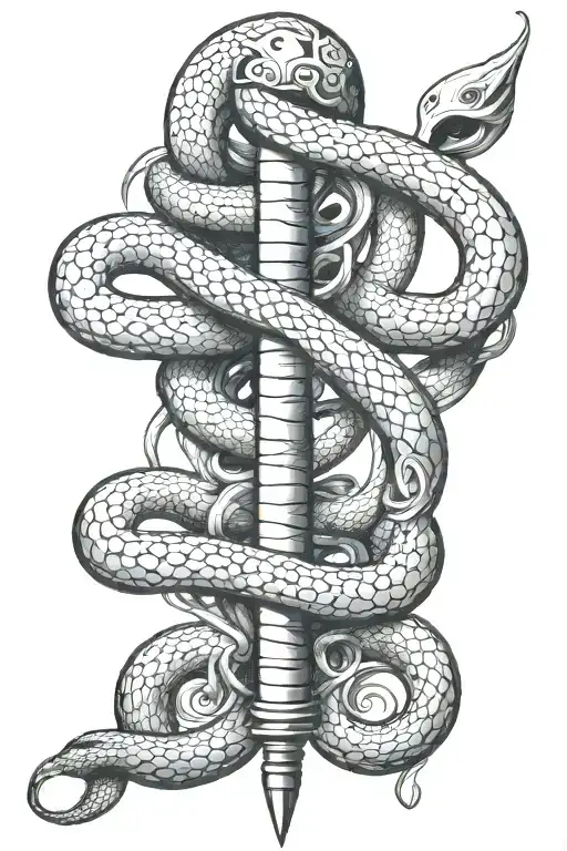 Black And White Rod Of Asclepius But Instiead Of Snakes There Are Fish