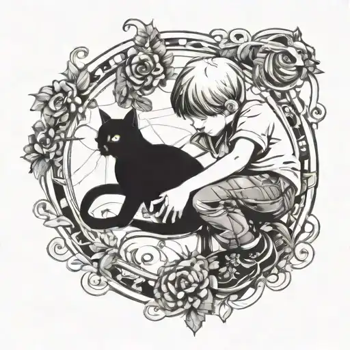 Boy Playing With Black Cat