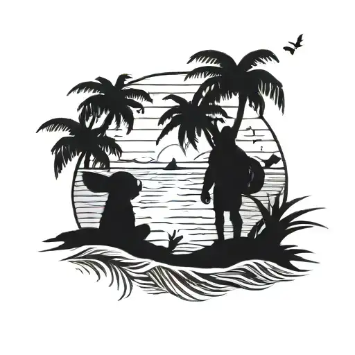 A Silhouette Of Lilo And Stitch Watching The Sunset On The Beach