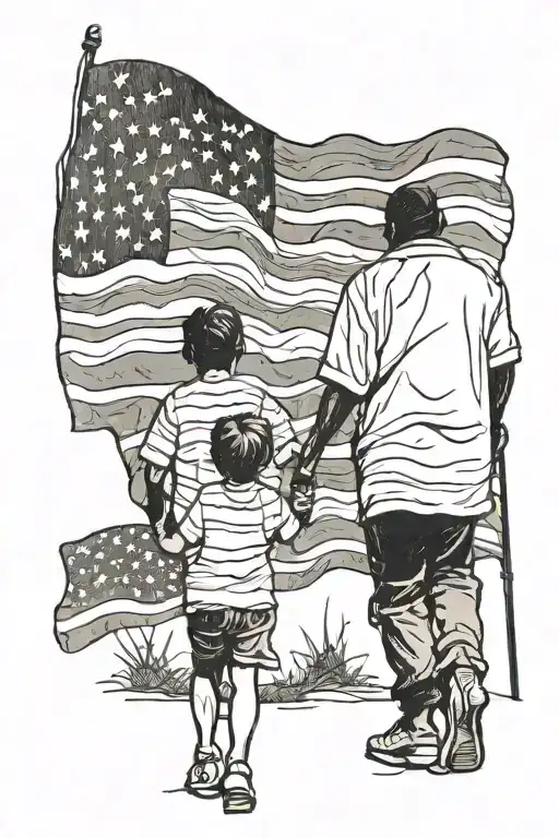 Silhouette Of Dad And Son And Daughter Walking Into American Flag