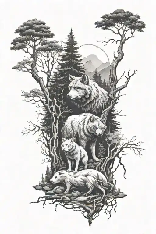 A Mystical Forest Scene With A Wolf And Bear Standing Together In Unity