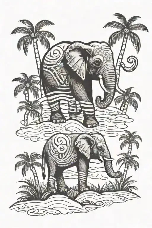 Elephant With Puerto Rico Flag And Palm Trees