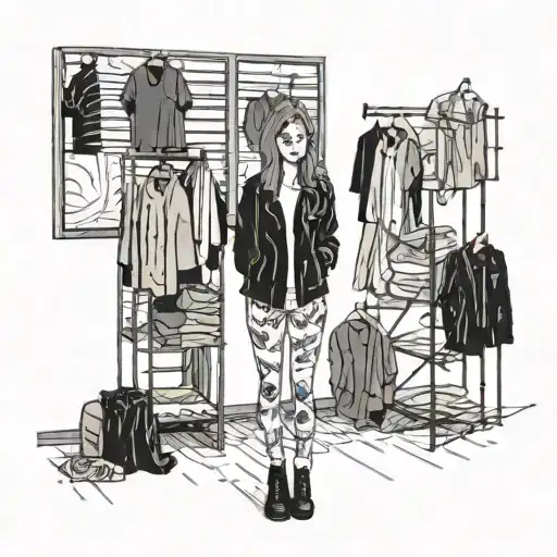 A Woman In A Black Jacket Standing In A Room Full Of Clothes