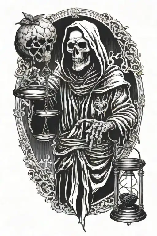 Grim Reaper Holding A Weighing Scale With A Realistic Heart And Brain In It