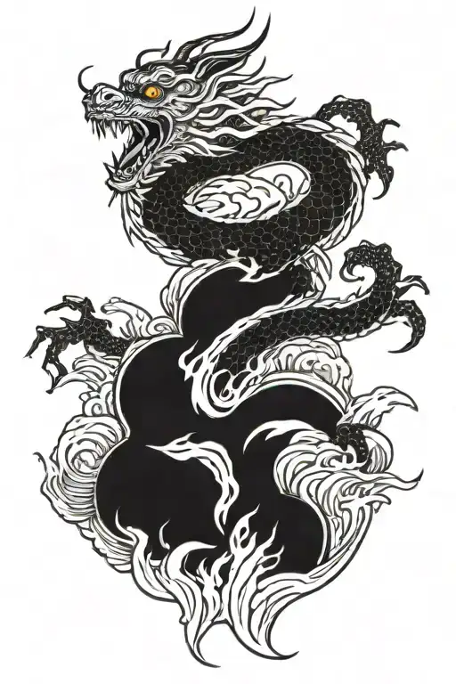 Japanese Dragon Coming Out Of The Ocean With A Sun