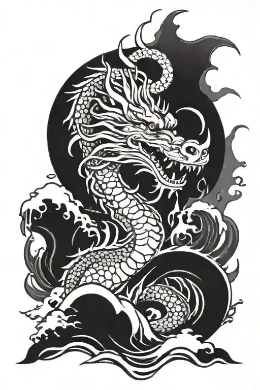 Japanese Dragon Coming Out Of The Ocean With A Sun