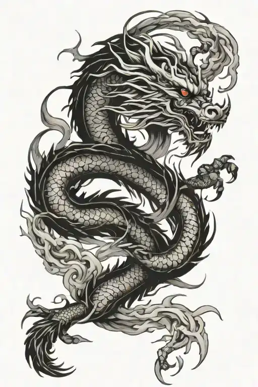 Japanese Dragon Emerging From A Fire Whirlwind