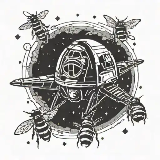 A Blackwork Tattoo Of A Spaceship From Star Wars Surrounded By A Swarm Of Bees