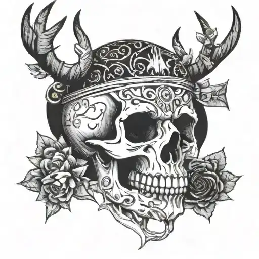 Skull With Cards And Antlers