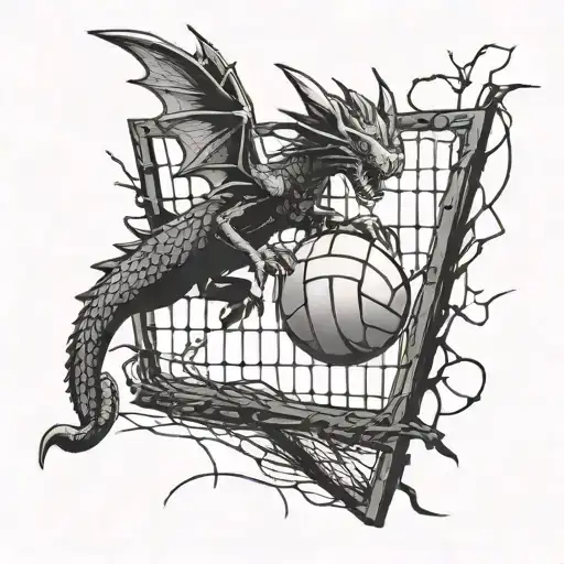 A Dragon Diving To Spike A Volleyball Over A Net