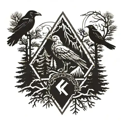 Viking Rune With Pine Trees And A Raven Flying Over