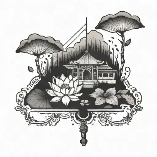 A Serene Landscape Tattoo Featuring A Key Hidden Among Lotus Flowers In A Peaceful Nature Setting