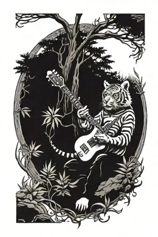 A Tiger Playing A Guitar In A Mystical Forest Setting