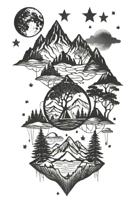 Mountains Tree Tent Moon Stars Planets Constellation Galaxy